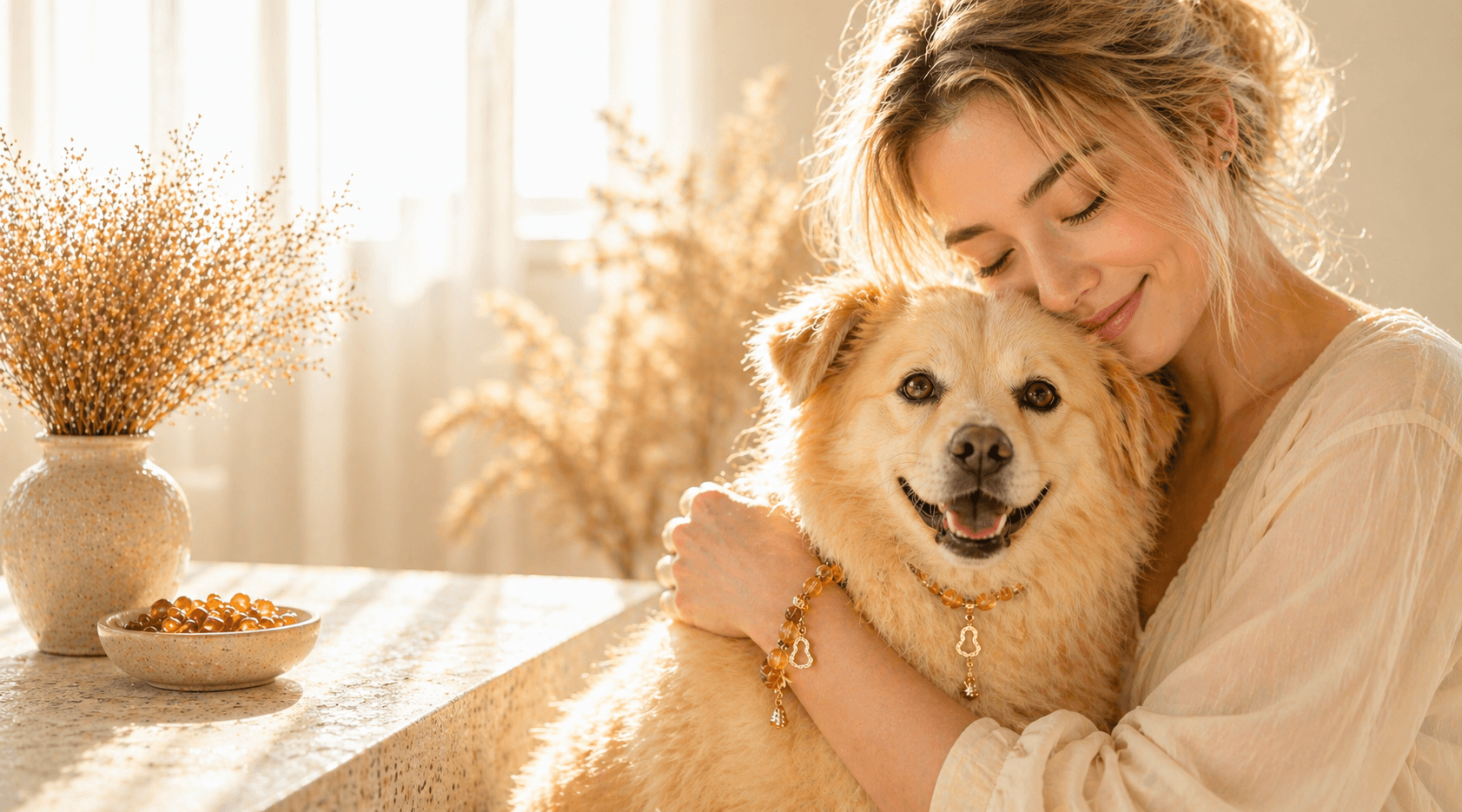 Person holding a pet in warm light